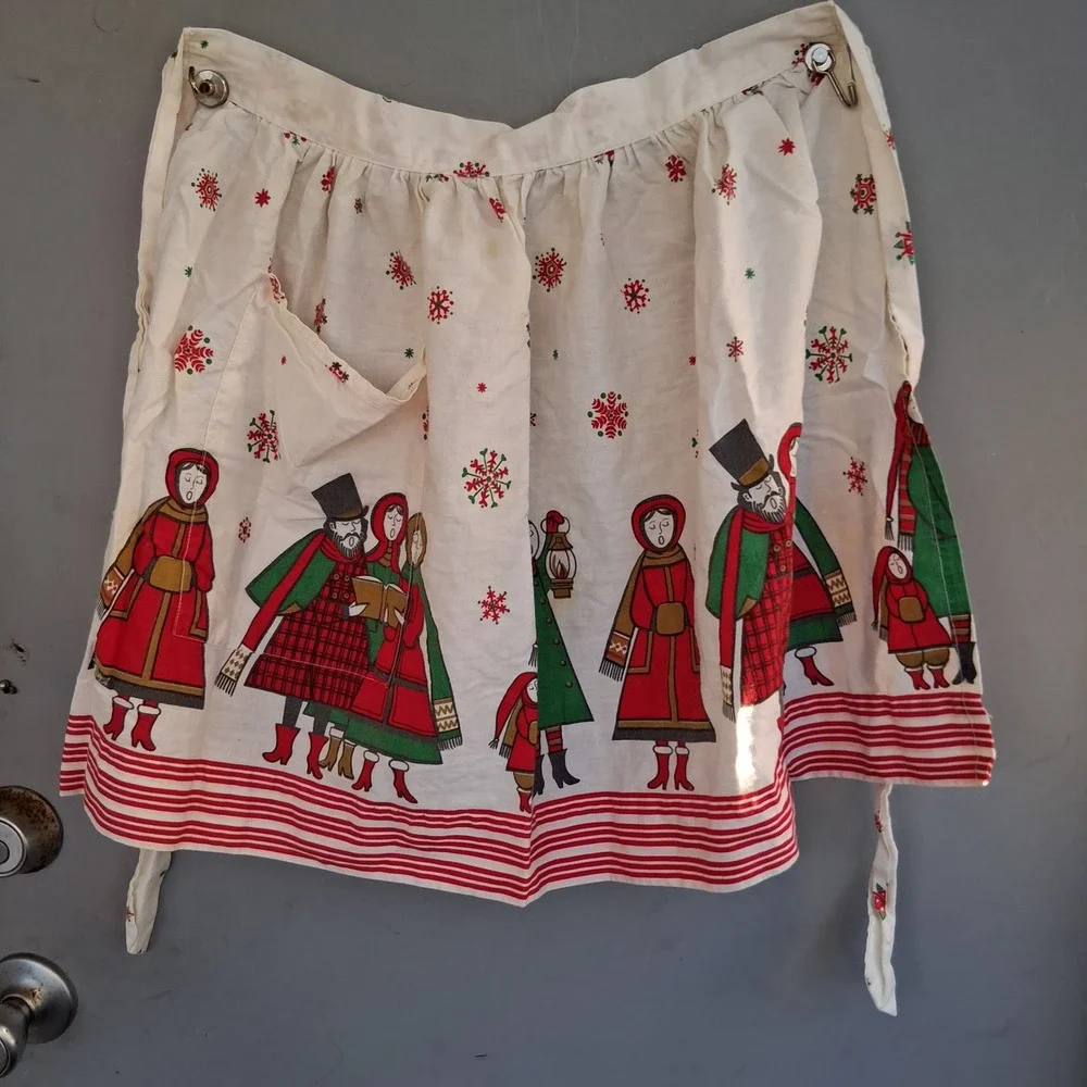 Vintage Christmas Carolers Half Apron Red Green Snowflake Retro Cotton Pocket